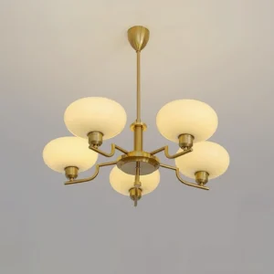 Overhead view of Bonnie multi-head chandelier with brushed chrome frame and milky glass dome shades