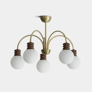 Borello mid-century modern brass and wood globe chandelier with 5 heads, frosted glass shades, studio product view