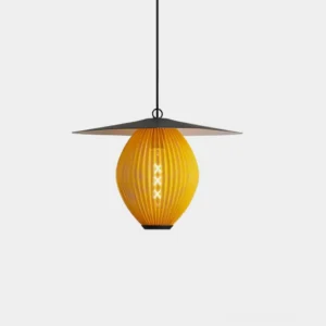 Boris mid-century modern pendant light with pleated yellow shade and black metal canopy, direct frontal view showcasing sculptural design