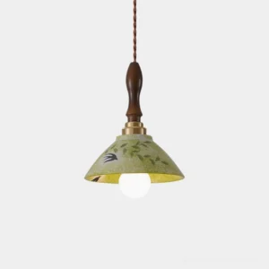 Botanical ceramic pendant light with hand-painted green leaves and flowers, overhead view showing floral design