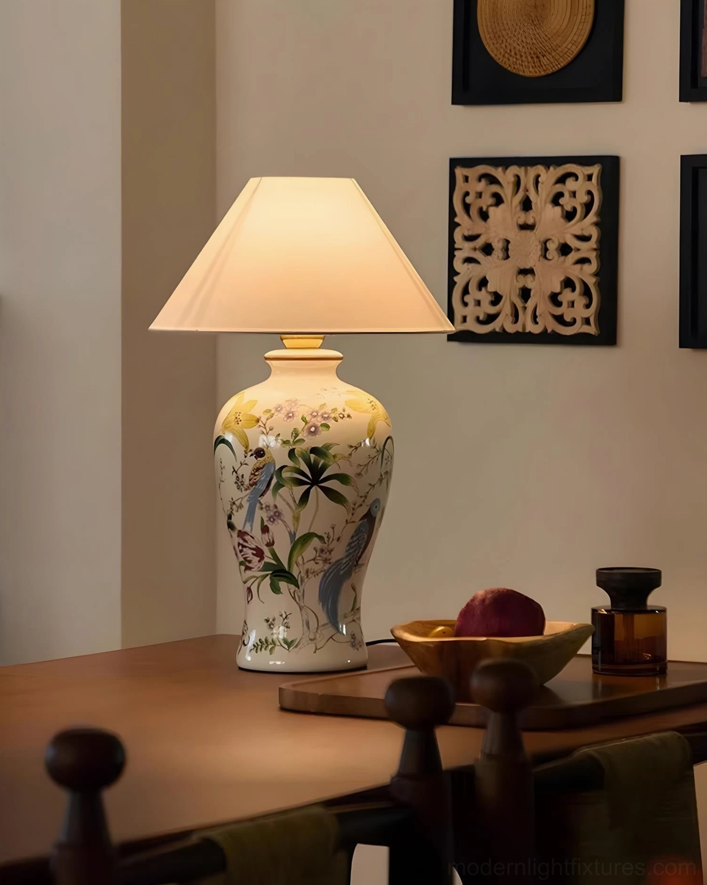 Botanical ceramic table lamp showing hand-painted floral design details and fabric shade construction on white porcelain base