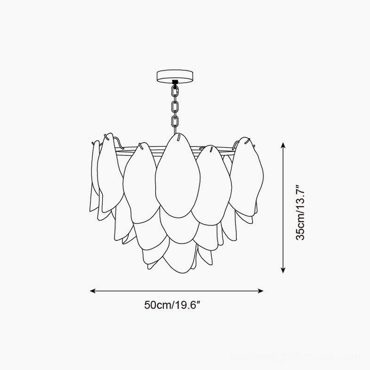 Technical schematic drawing of 4-layer botanical chandelier with dimensions 50cm wide by 35cm tall