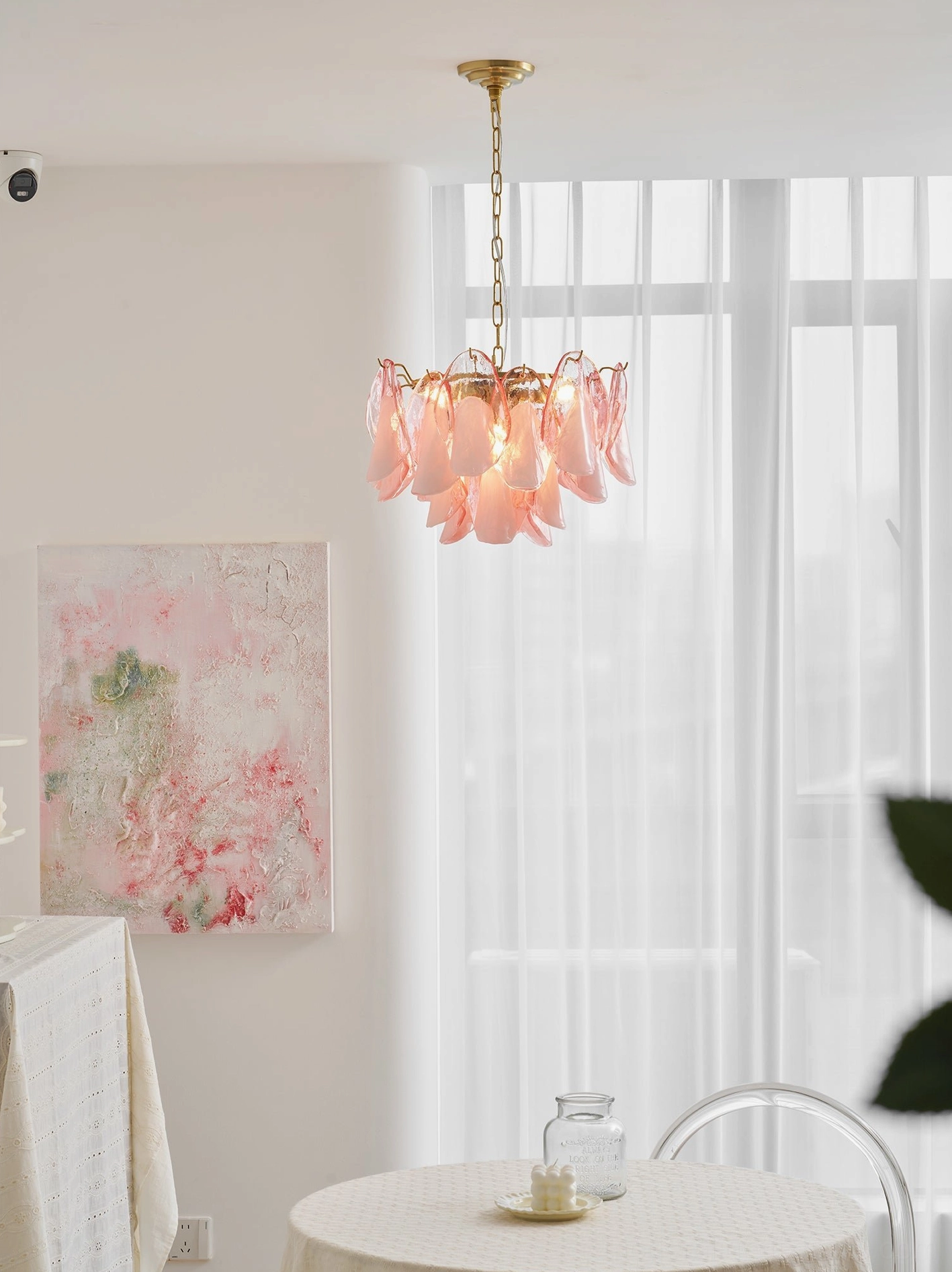 Glass petal chandelier color options showing white clear green white and pink white combinations