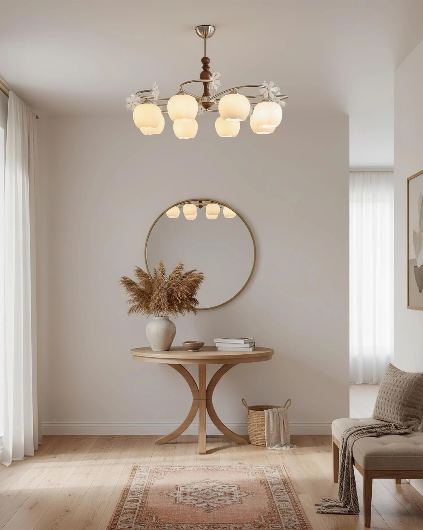 Frosted glass botanical chandelier shades close-up demonstrating tulip-petal design and soft light diffusion