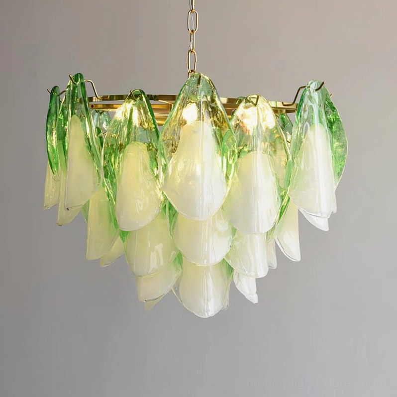 Botanical chandelier glass petal layering showing intricate hand-shaped individual pieces