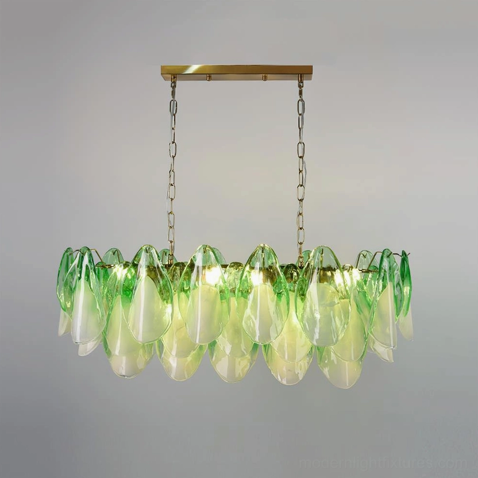 Modern handcrafted botanical chandelier in green and white featuring delicate glass petals