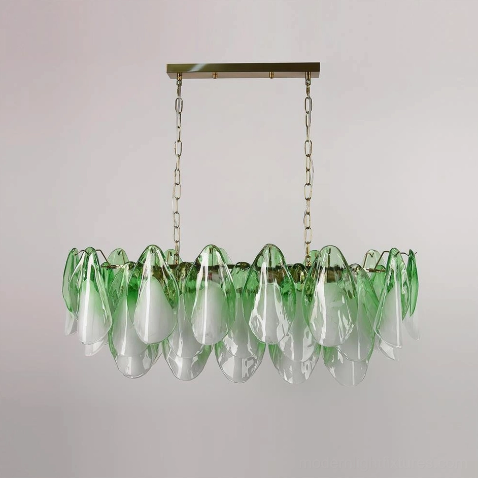 Modern botanical chandelier detail showing individual hand-shaped glass petal craftsmanship