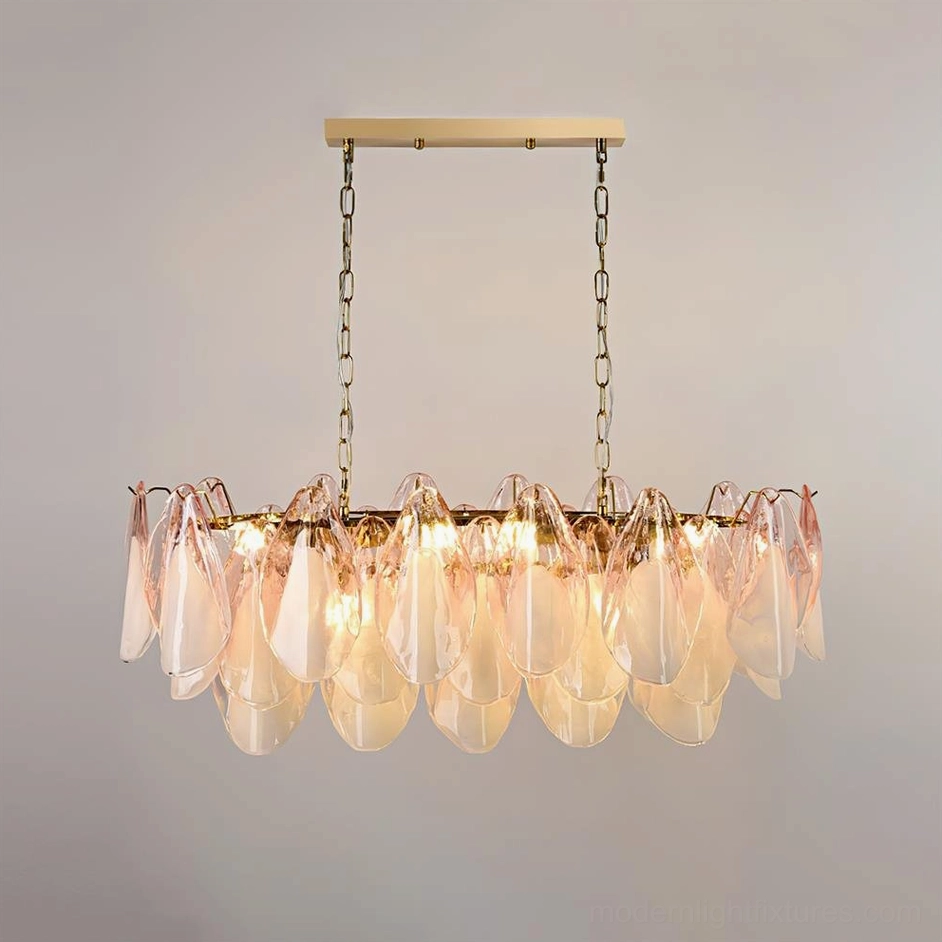 Botanical chandelier featuring pink and white glass petals on metal frame structure