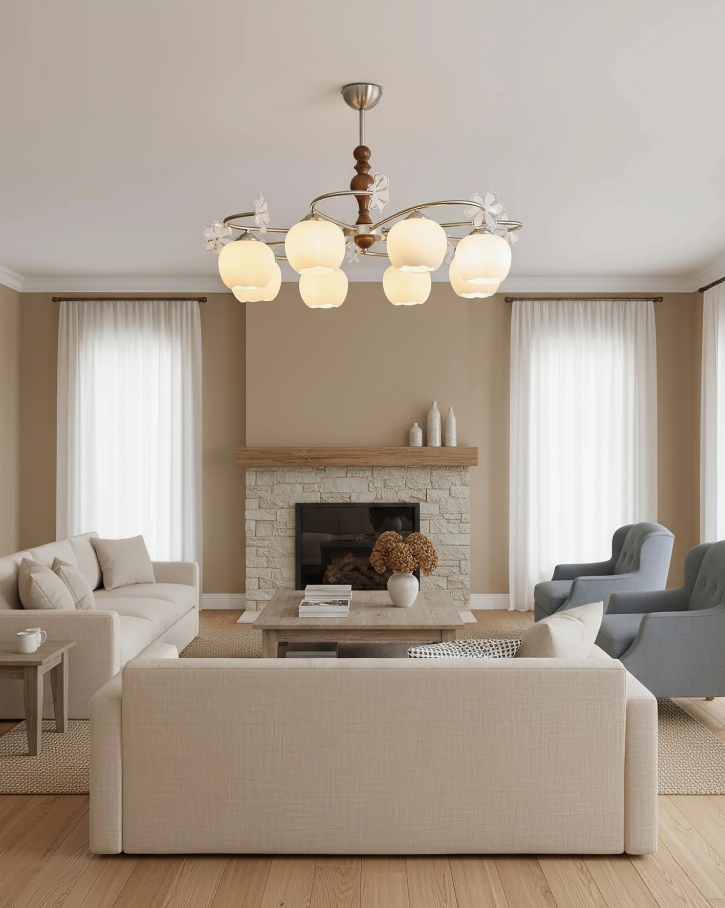 Large farmhouse living room with Nuvafleur botanical chandelier featuring wood-toned frame and frosted glass lights