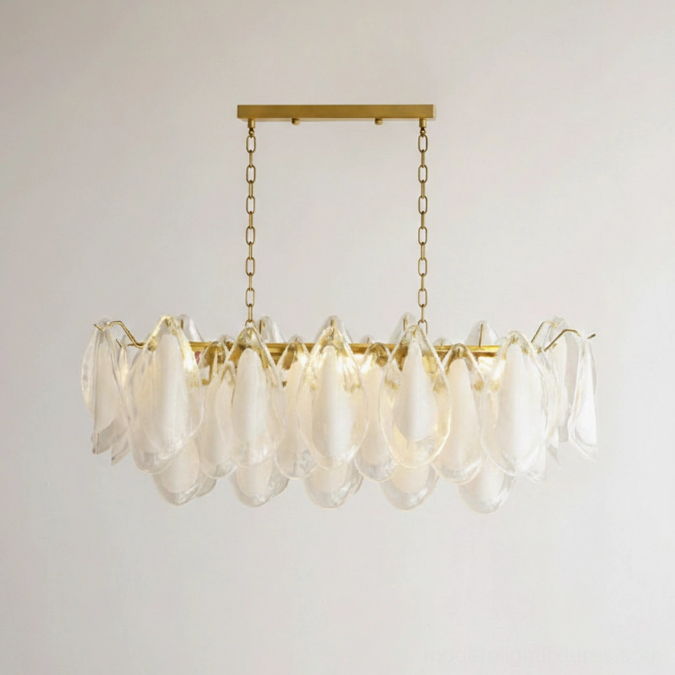 Modern botanical chandelier in white and clear glass with elegant brass hanging hardware
