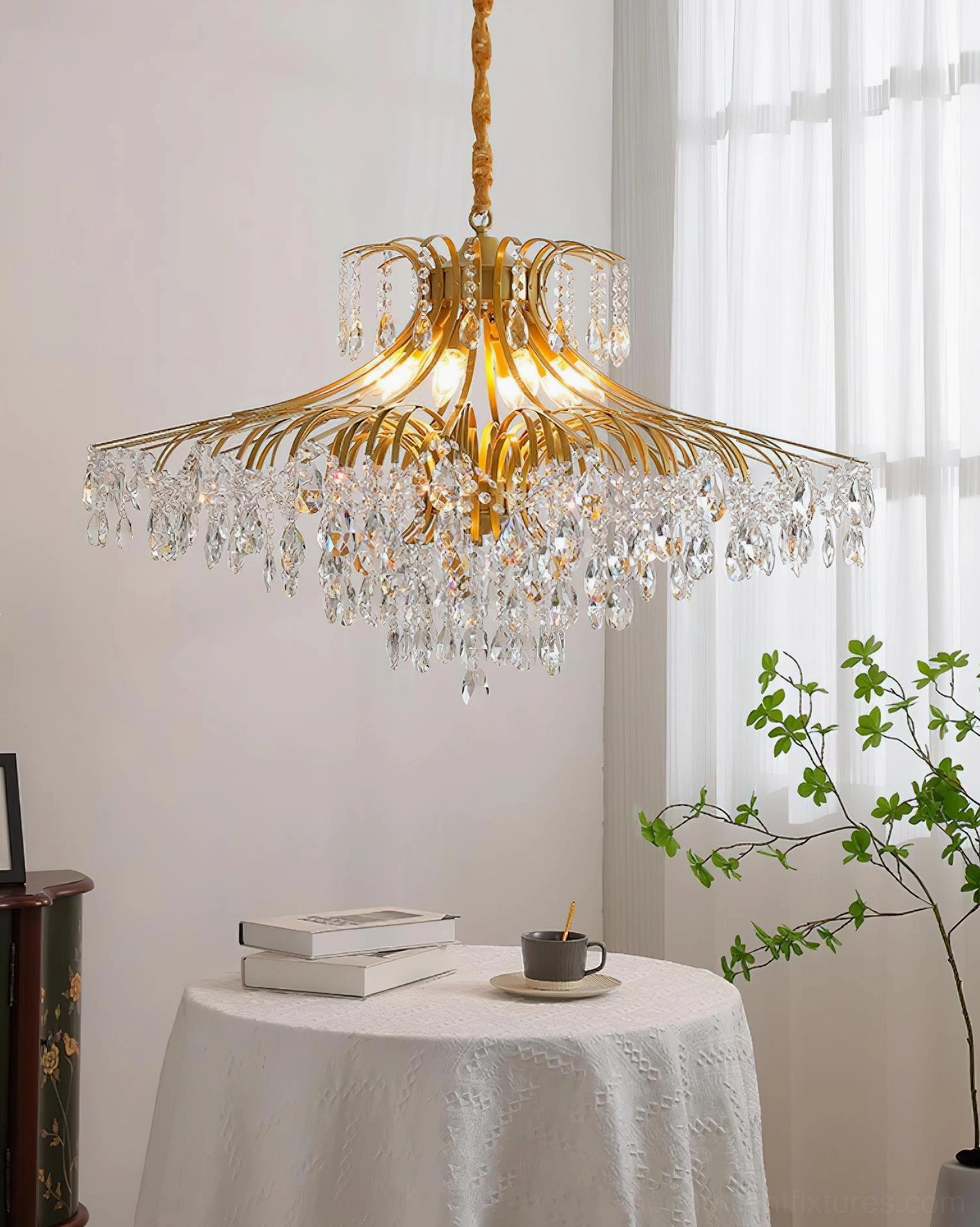 Botanical inspired crystal chandelier with organic gold frame curves and precision-cut crystal droplets