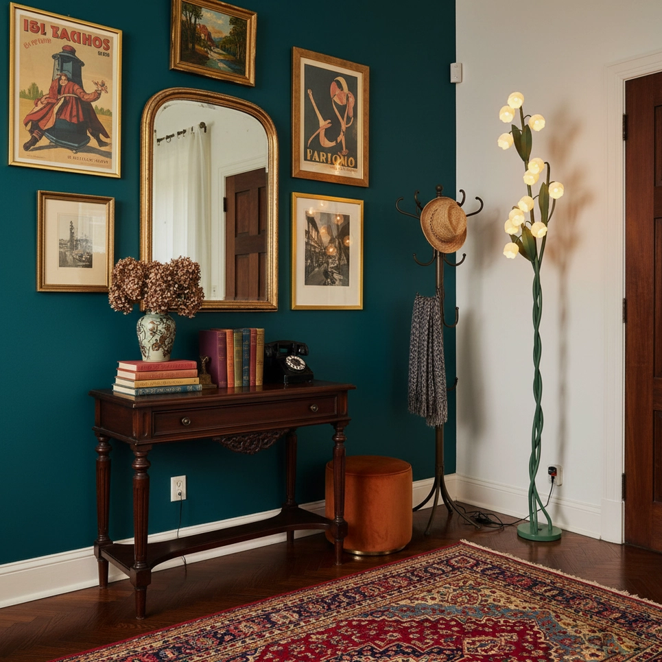 Green stem floor lamp in vintage American entryway with dark green accent wall, framed artworks, and wooden console table