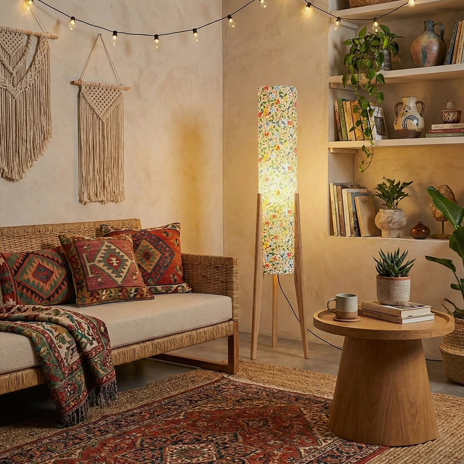 Botanical print floor lamp tripod stand in living room interior design styling with vintage furnishings and accessories