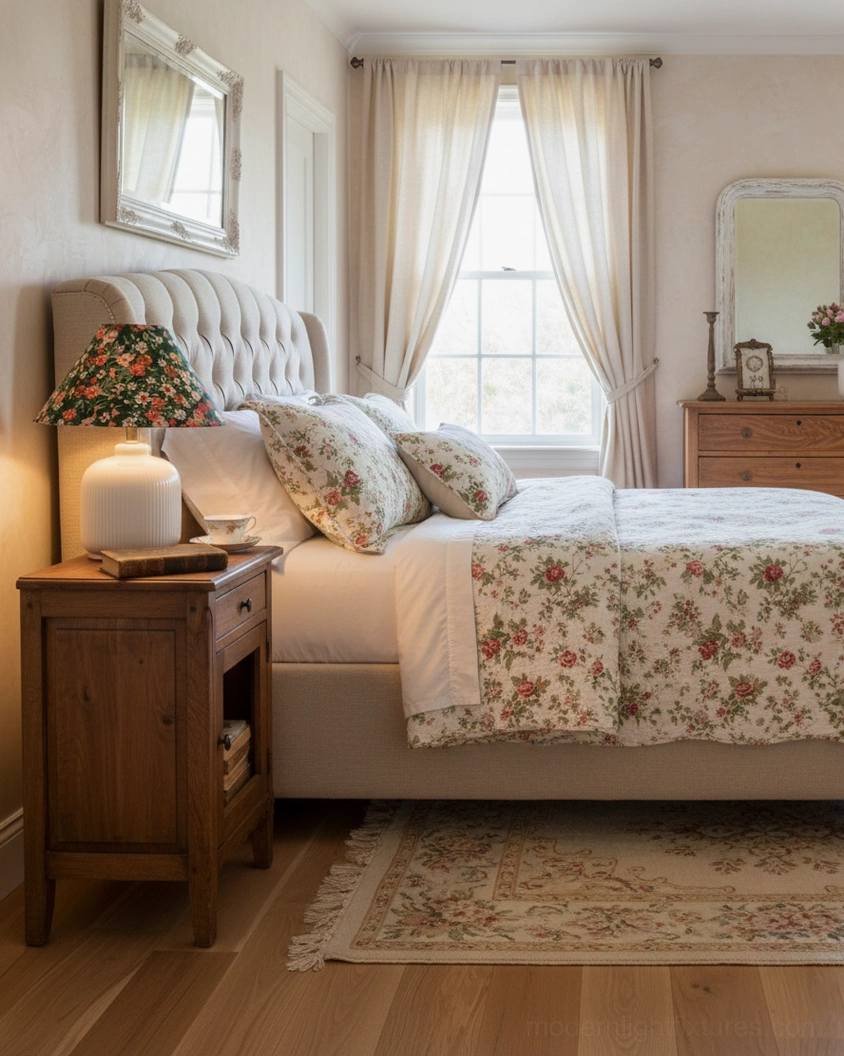 Botanical table lamp in cozy master bedroom with white ceramic base, coordinated with floral bedspread pattern