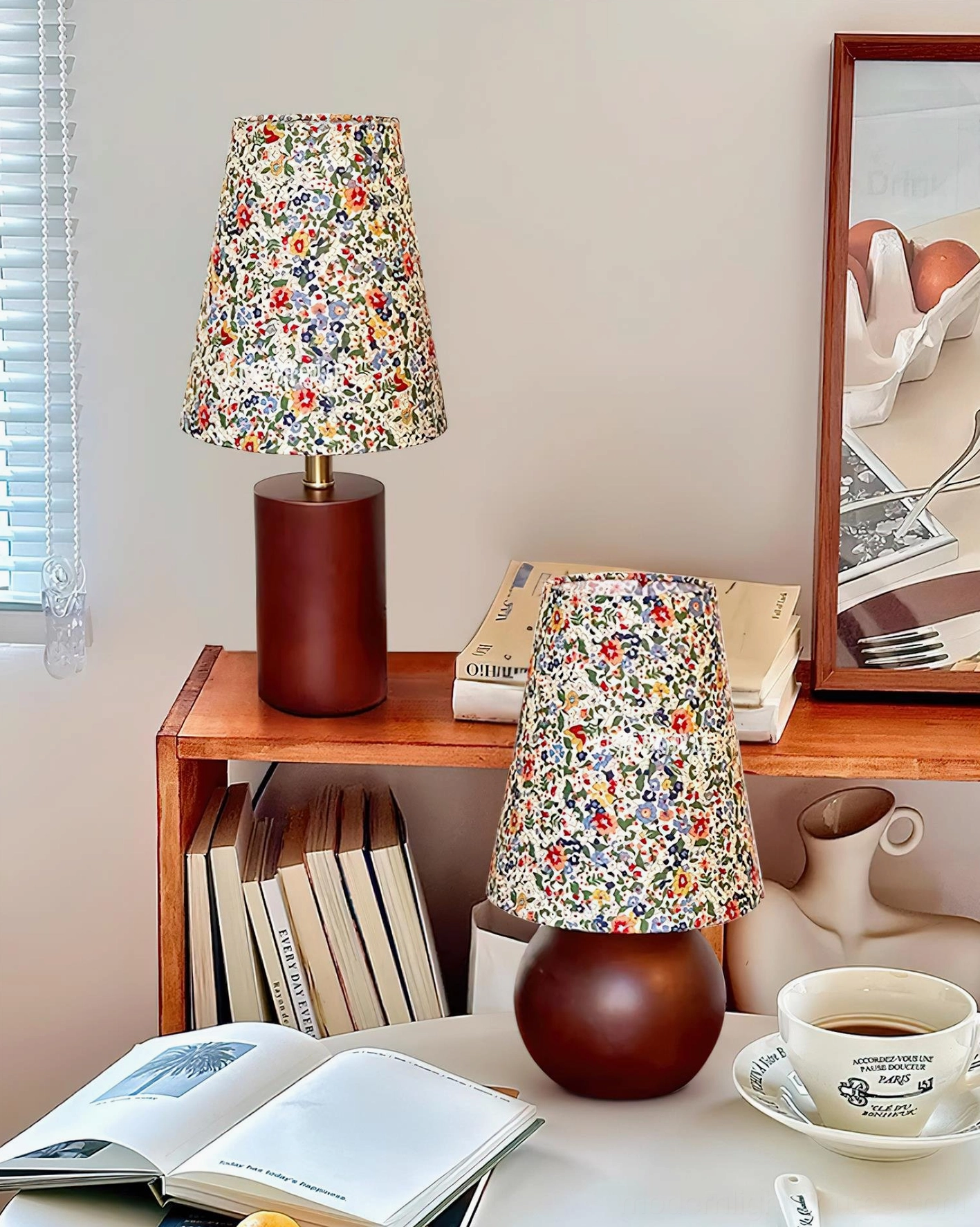 Botanical floral table lamp creating cozy atmosphere in eclectic home interior