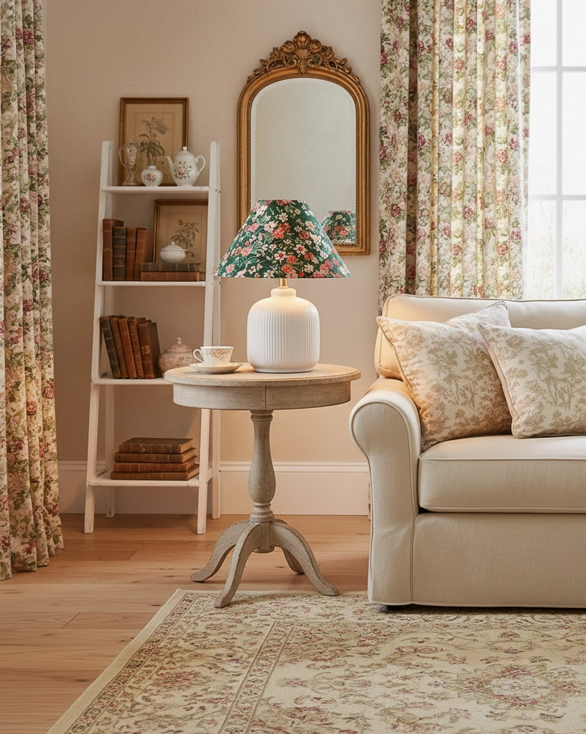 Modern botanical table lamp with green floral shade displayed in vintage-inspired formal living room with floral window curtains