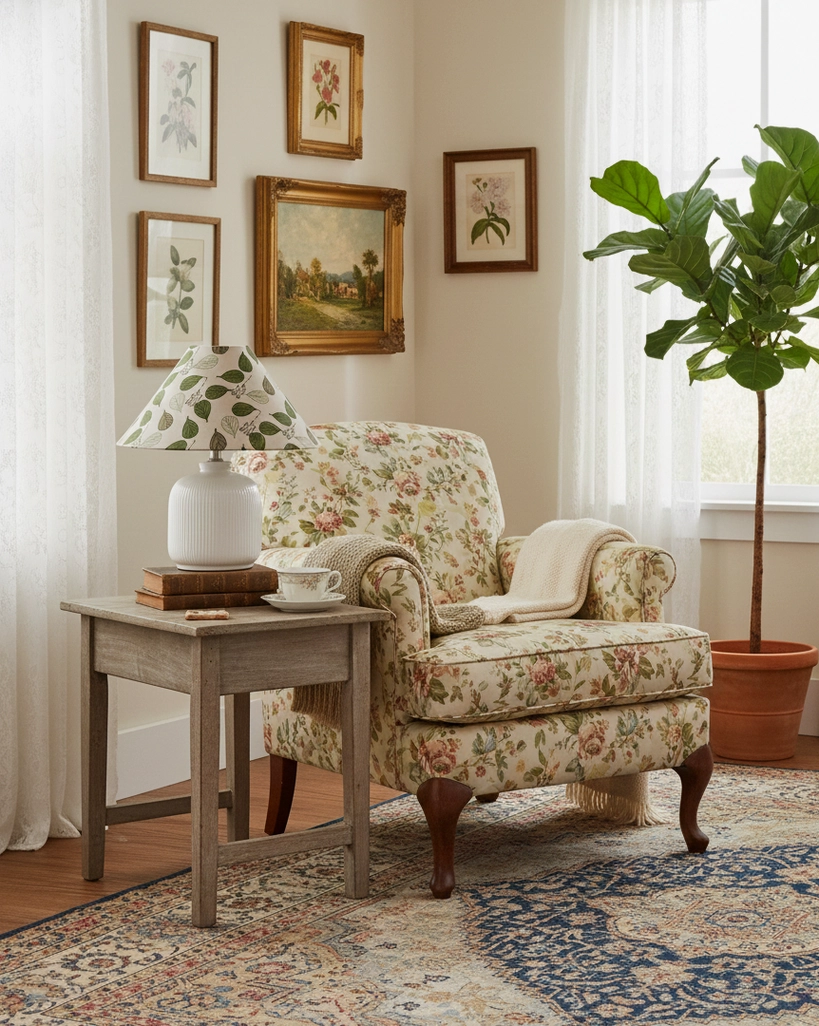 Botanical floral table lamp with ceramic base and green leaf printed shade in cozy living room corner with armchair