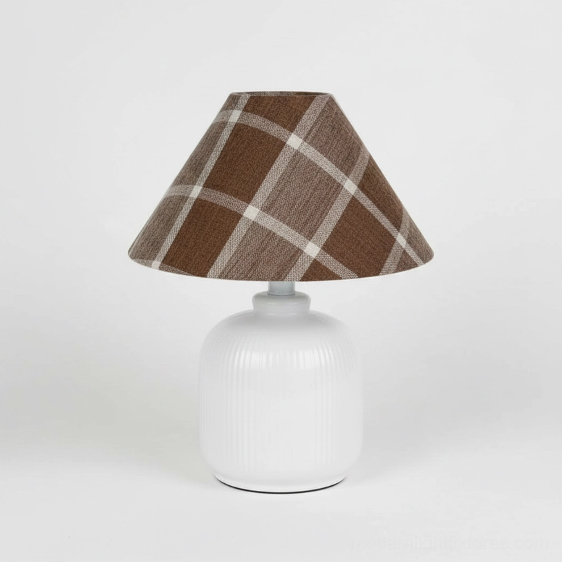 Botanical floral table lamp Model D brown shade, warm earth tone fabric with layered flower pattern