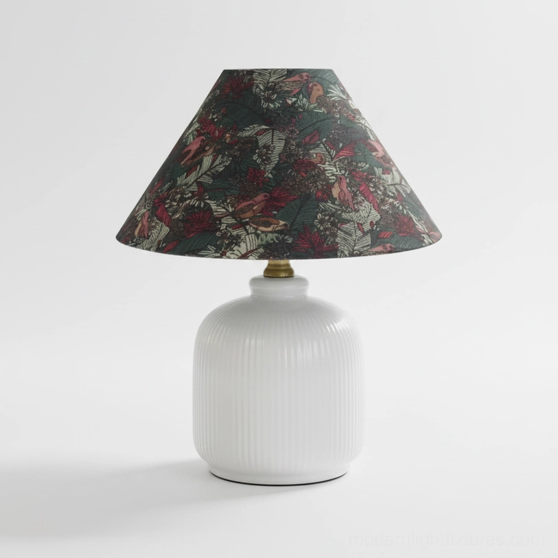 Botanical floral table lamp Model E blue shade, elegant fabric design with botanical print