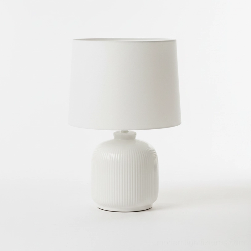 Botanical floral table lamp Model F white shade with ceramic base, product photography