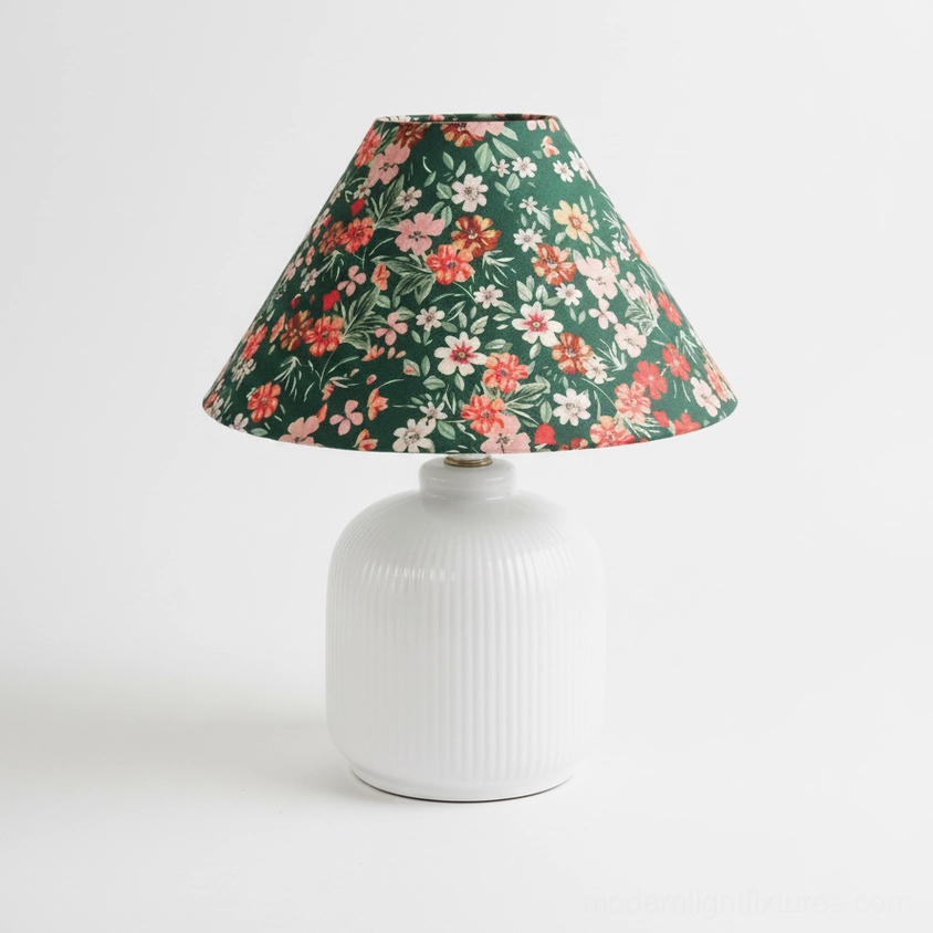 Botanical floral table lamp with plug options, showing global electrical compatibility features