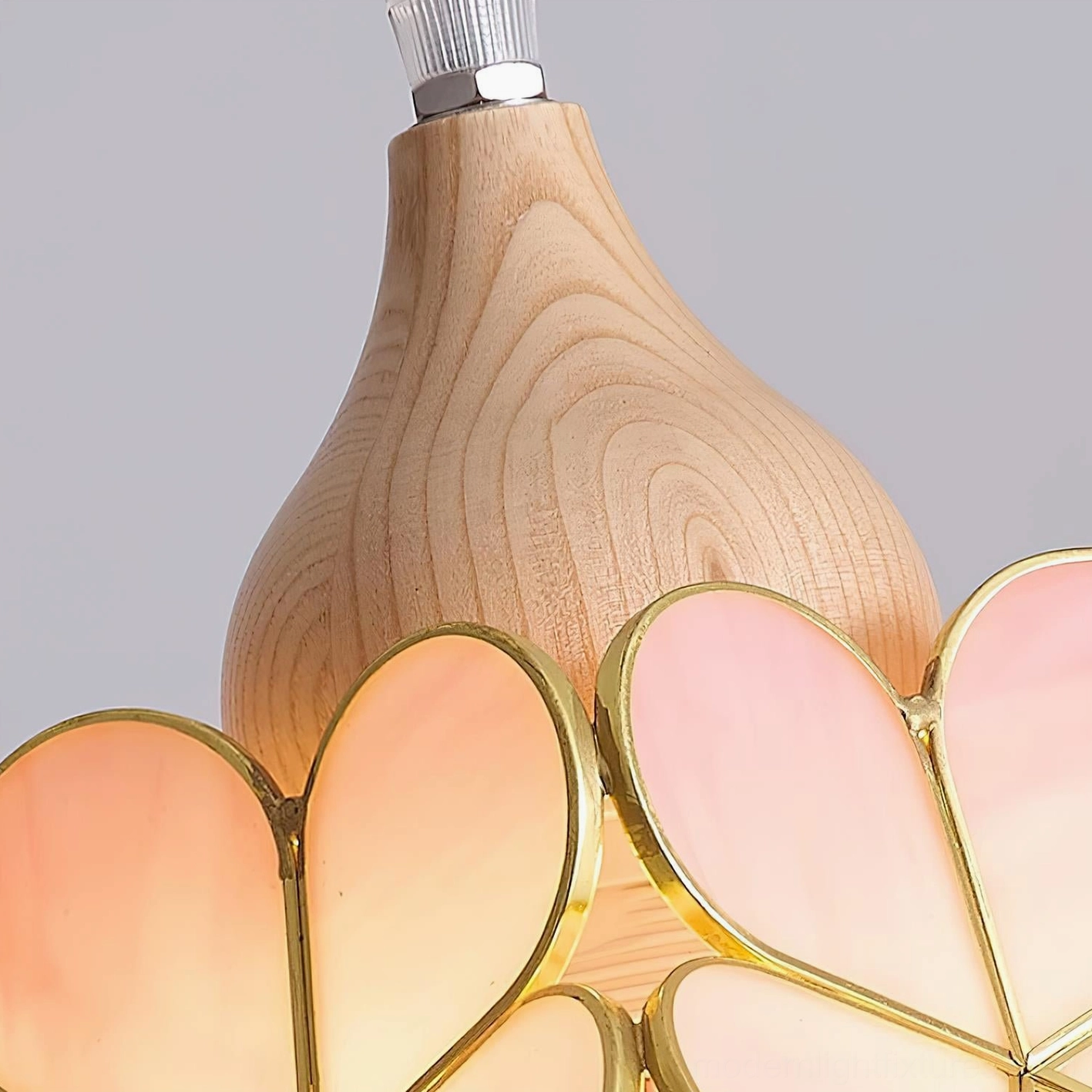 Modern botanical flower pendant ceiling light, pink stained glass with natural wood accents for warm ambiance
