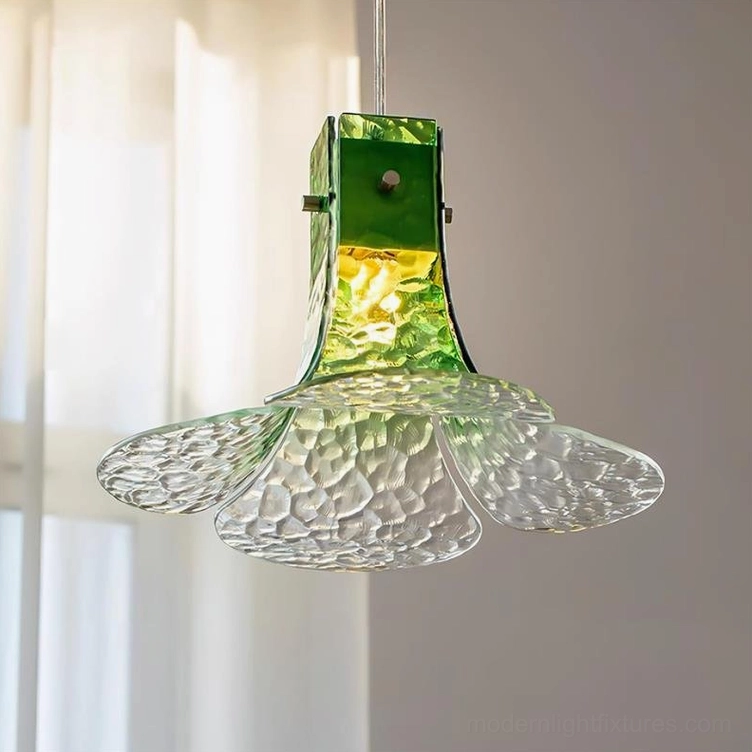 Hand-blown botanical glass pendant light gradient green color option detailed product view