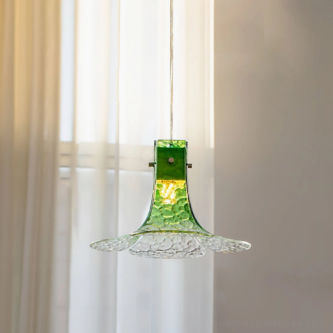 Modern botanical pendant light in minimalist room with natural window light, ambient installation view