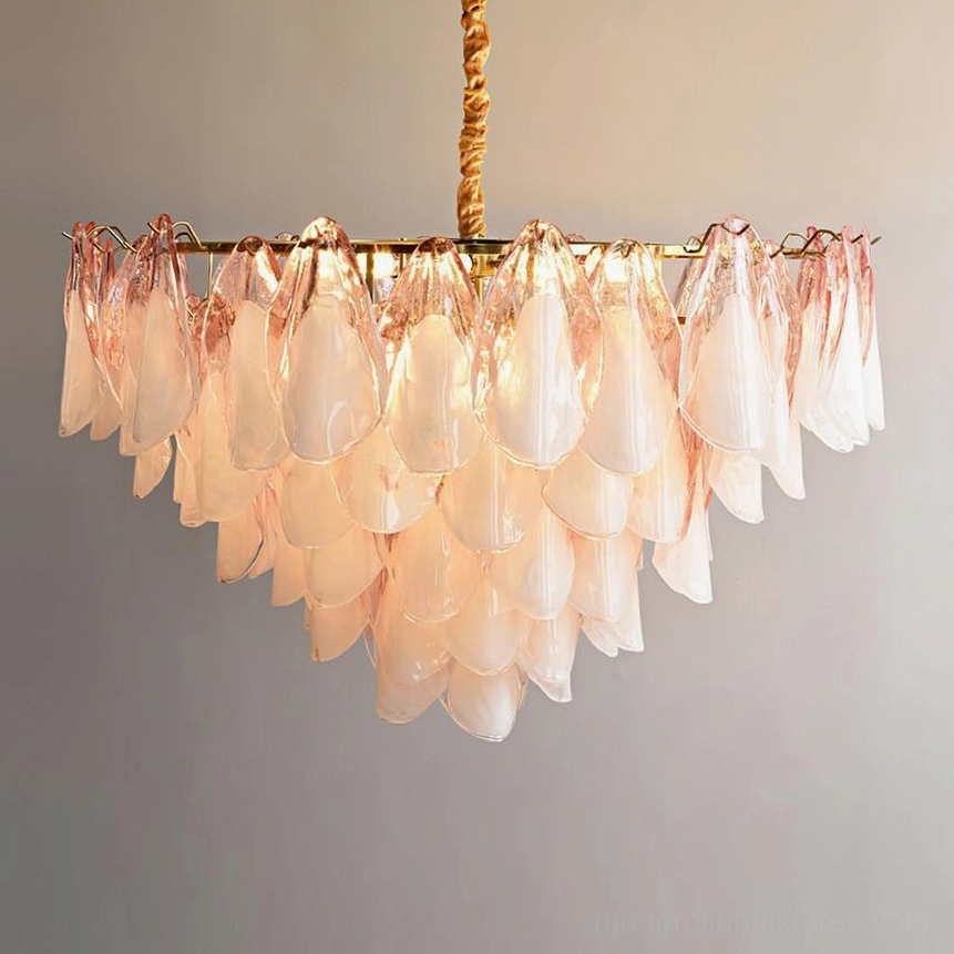 Botanical glass petal chandelier maximum configuration in pink and white color palette