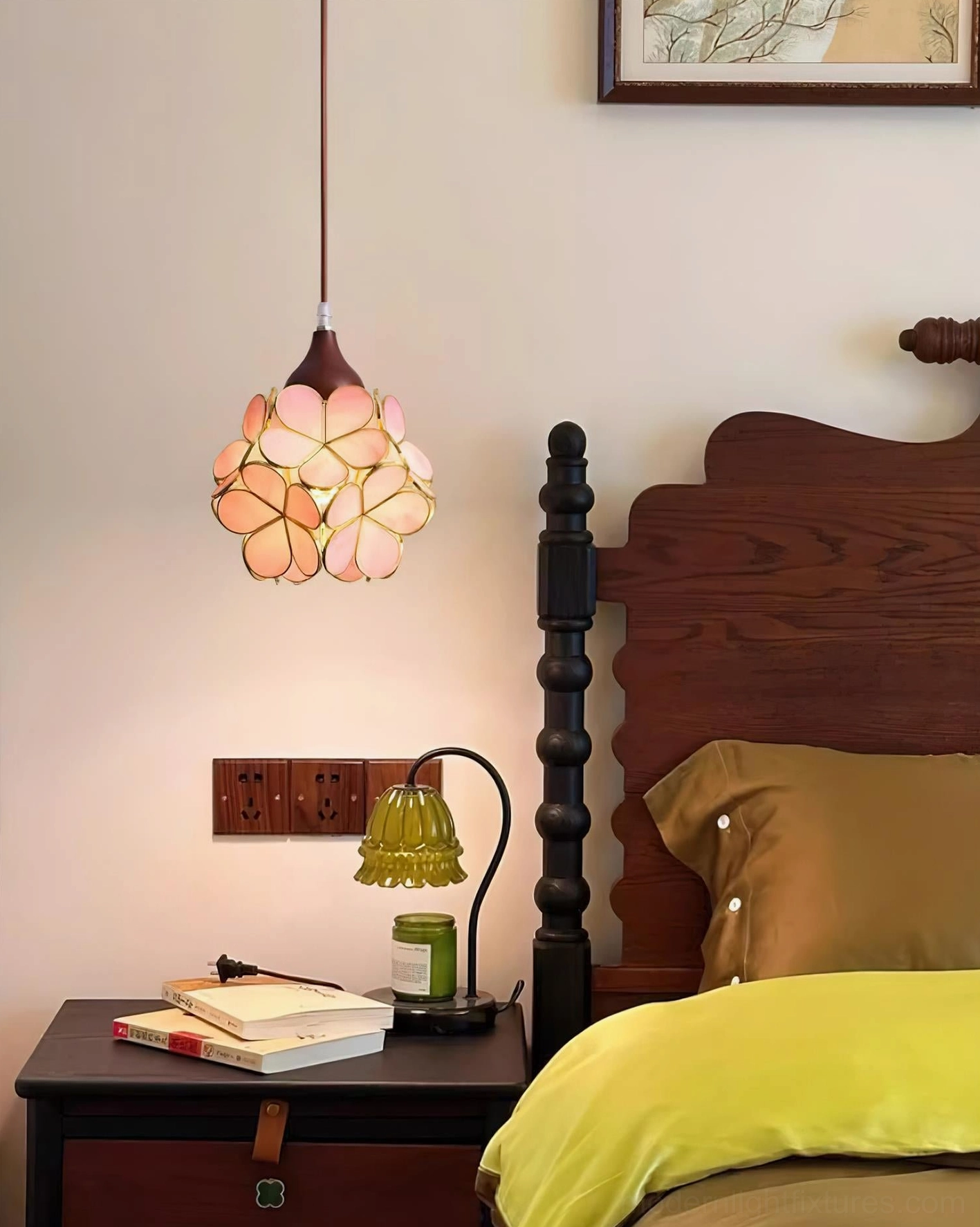 Botanical-inspired flower pendant light with Art Nouveau influence, pink glass construction with metal accents