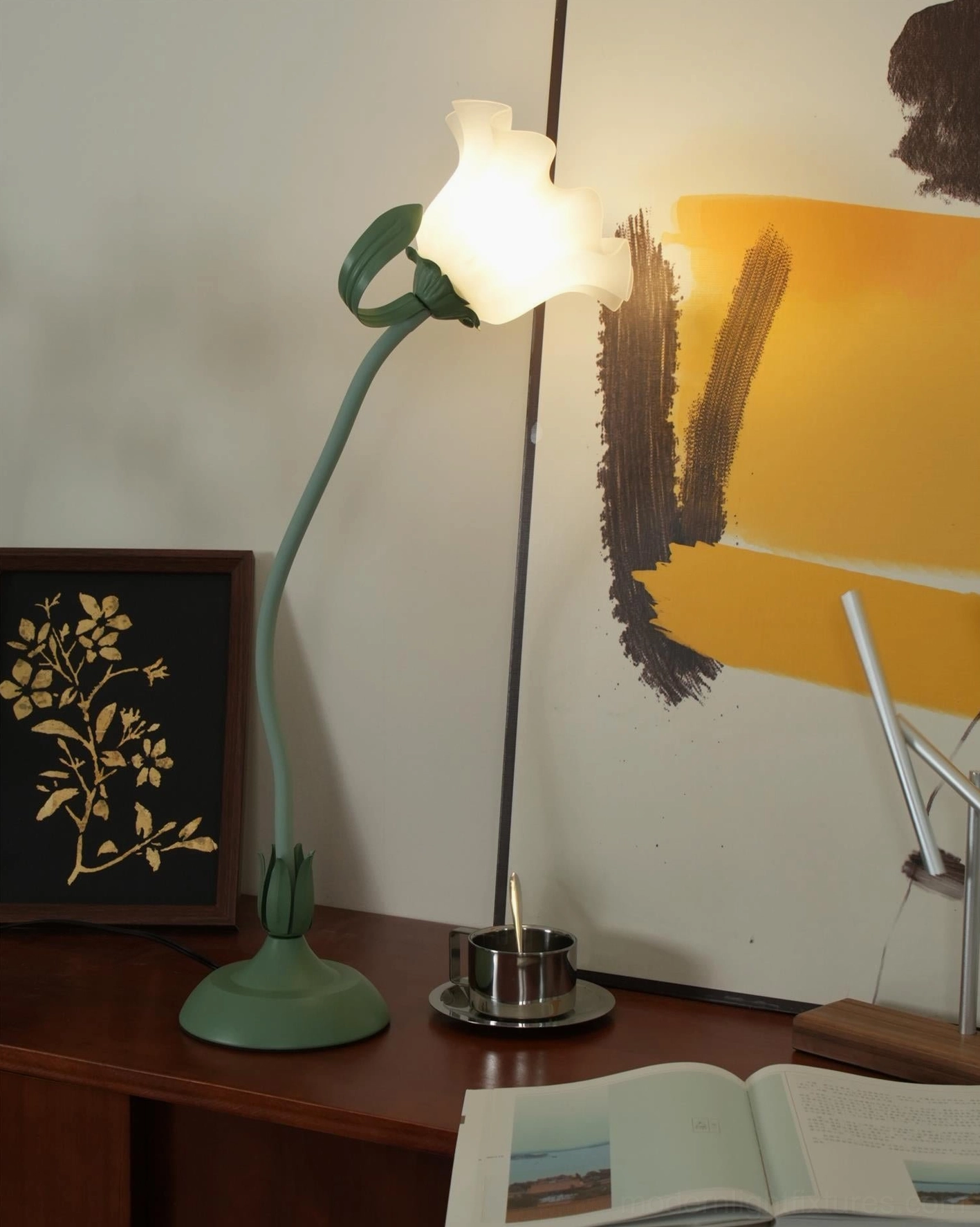 Botanical lily flower table lamp in cottagecore farmhouse style home decor setting