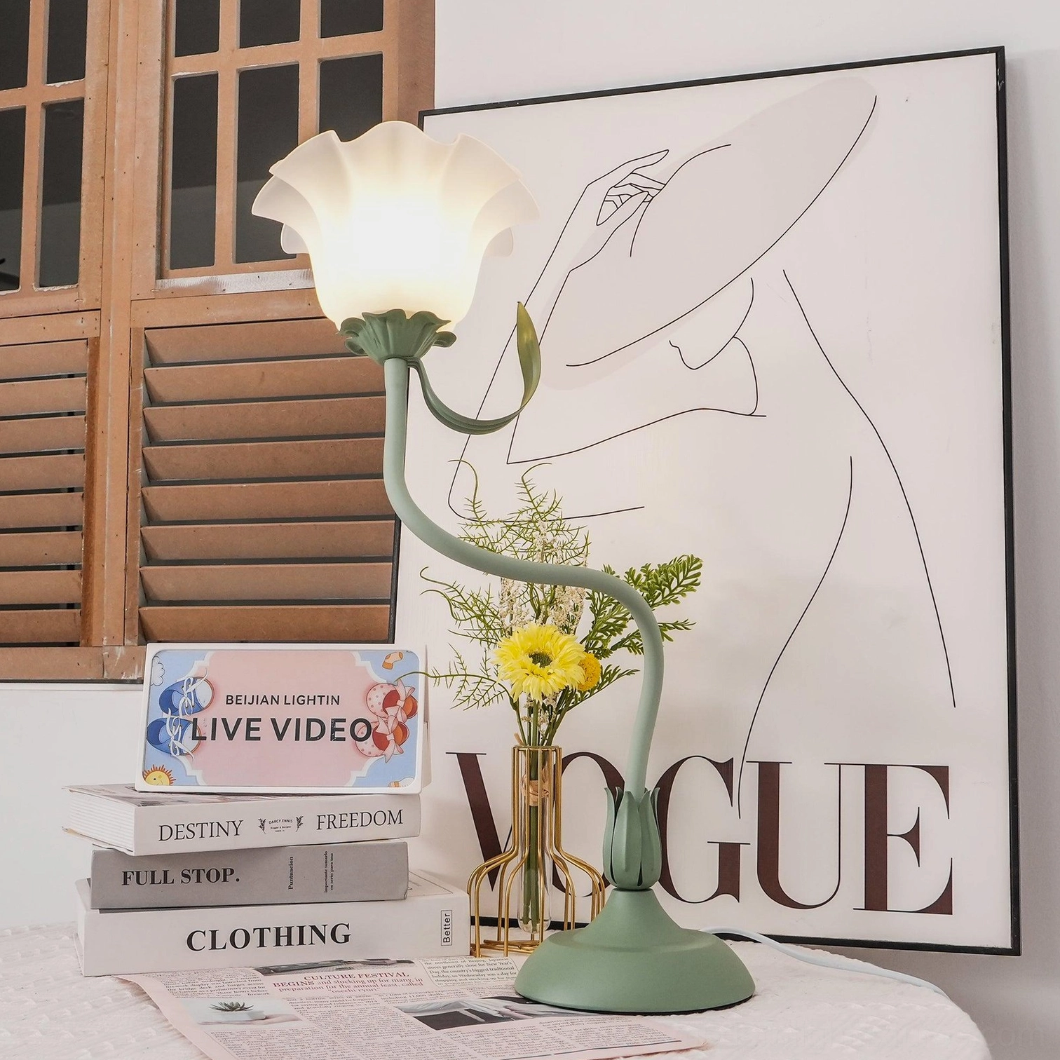 Botanical lily flower table lamp frosted white shade creating soft diffused illumination
