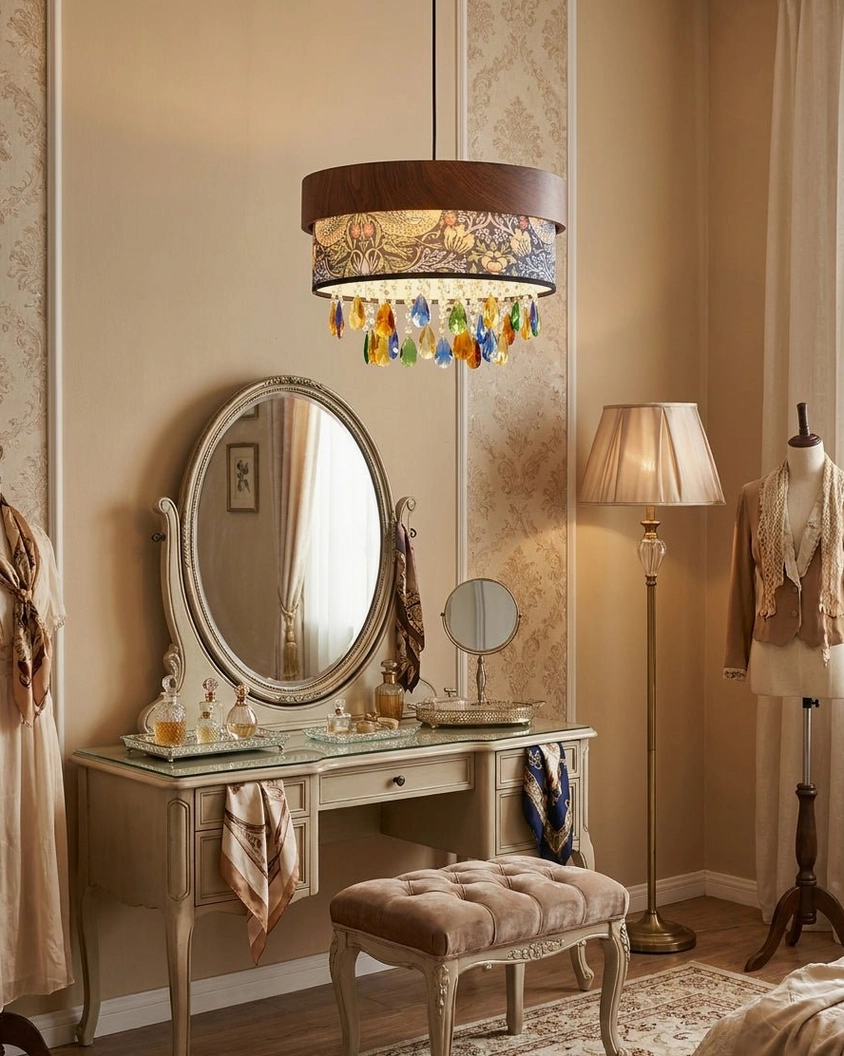 Bohemian drum pendant installed in vintage vanity dressing room with eclectic home decor