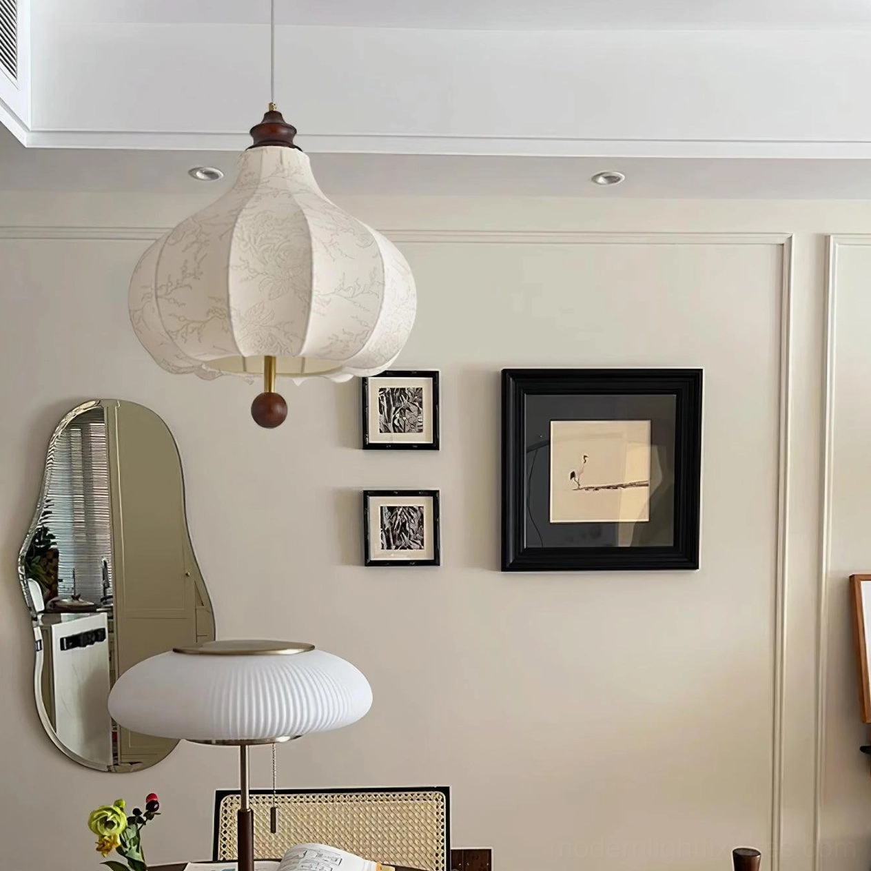 Botanical fabric pendant light showing 360-degree view of shade design and botanical illustrations detail