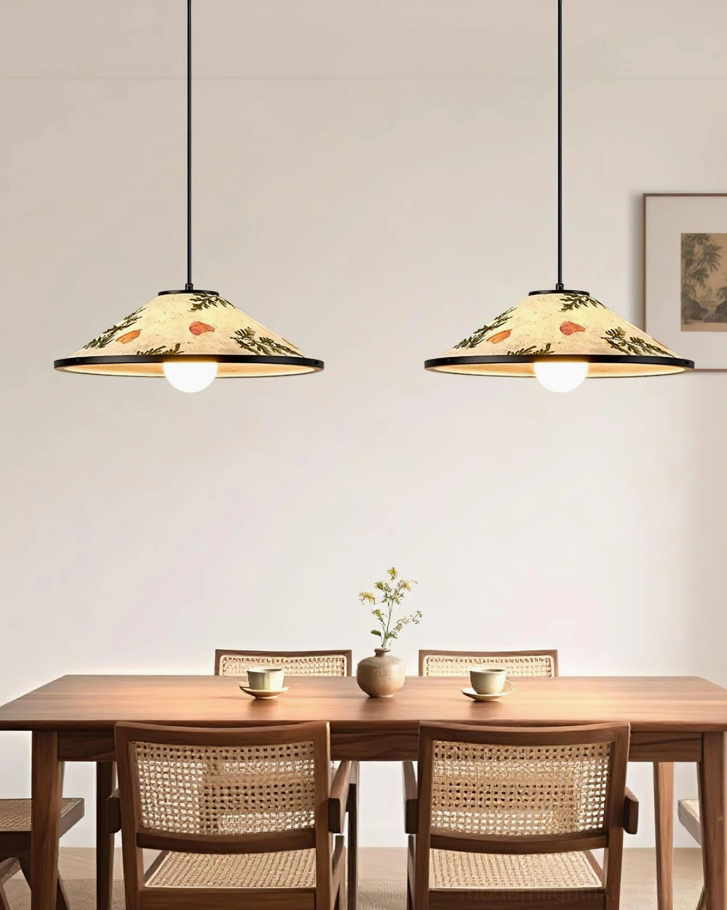 Handmade botanical pendant light with dried pressed flowers in rice paper showing artisanal craftsmanship details