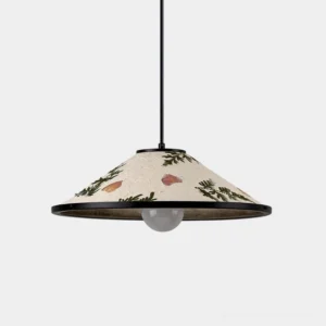 Handmade botanical pendant lamp with beige rice paper shade featuring dried flowers and black metal frame, front view