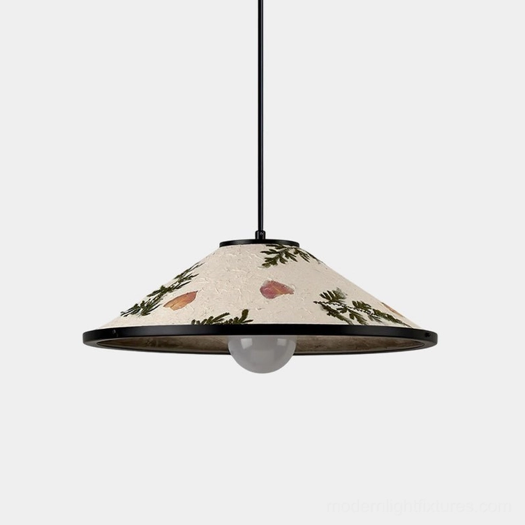 Handmade botanical pendant lamp with beige rice paper shade featuring dried flowers and black metal frame, front view