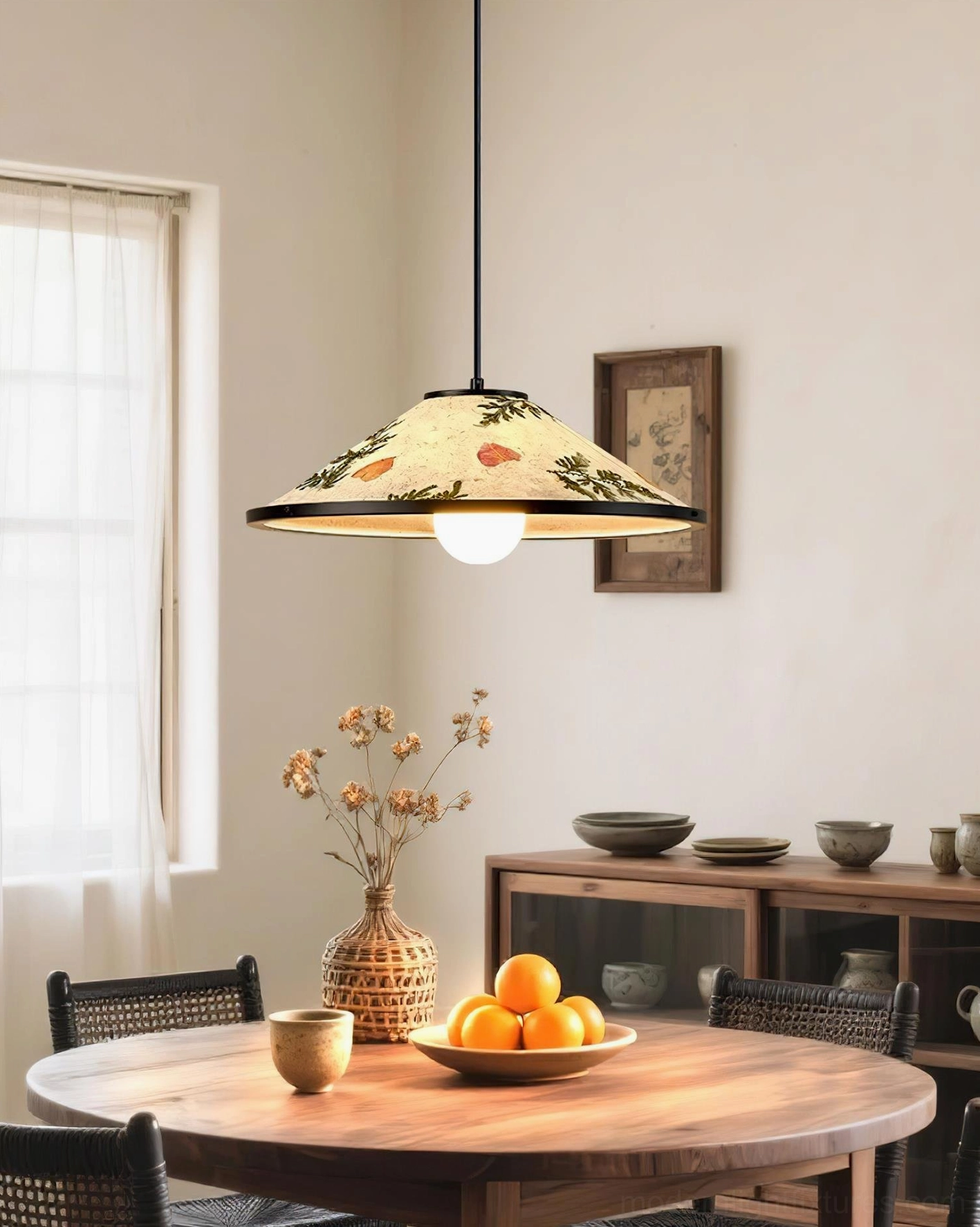 Botanical pendant lamp beige and green color option showing rice paper shade with natural dried leaf patterns