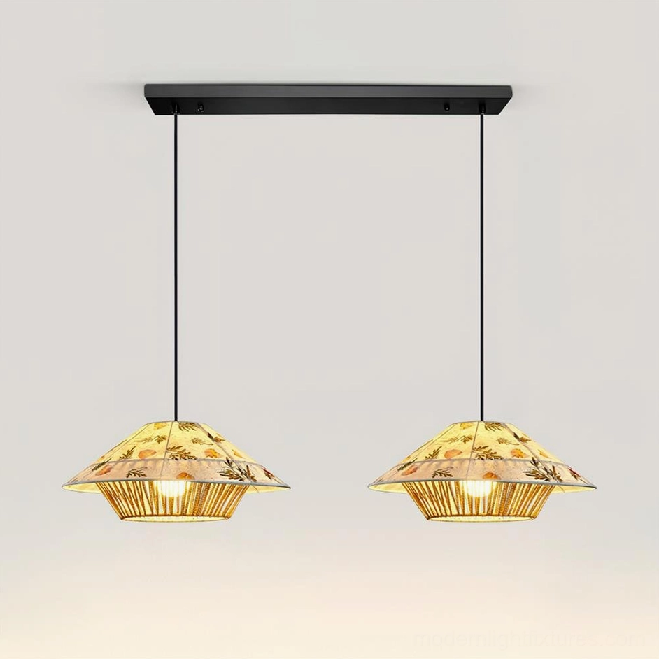 Double head botanical rattan pendant lamp system 80cm width white and green contemporary ceiling installation