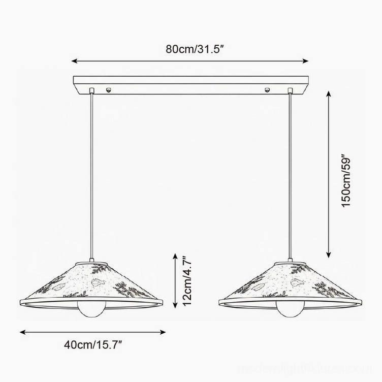 Dual head botanical pendant lamp 80cm technical blueprint with size specifications for double fixture