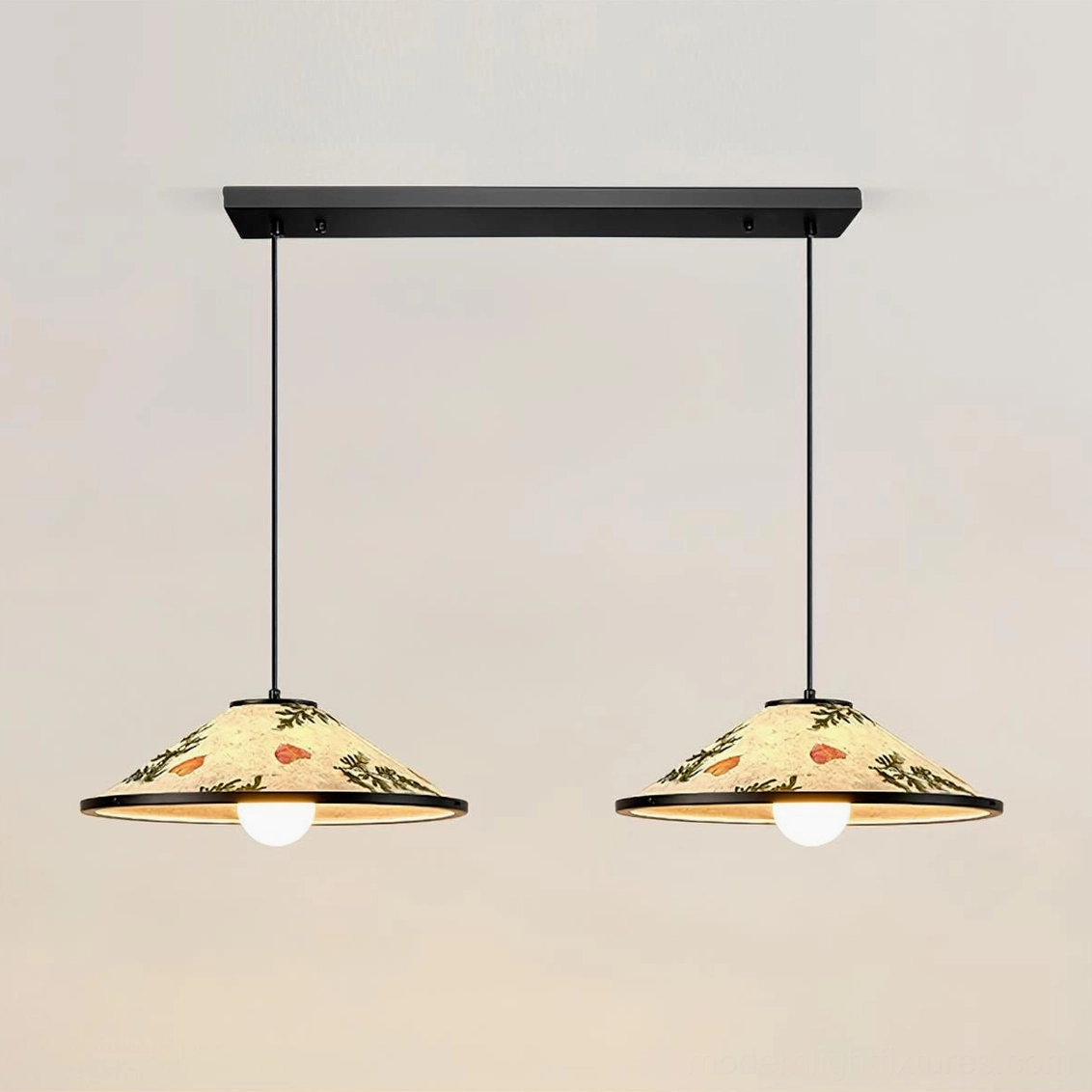 Dual head botanical pendant lamp in beige and green above dining table in contemporary home interior
