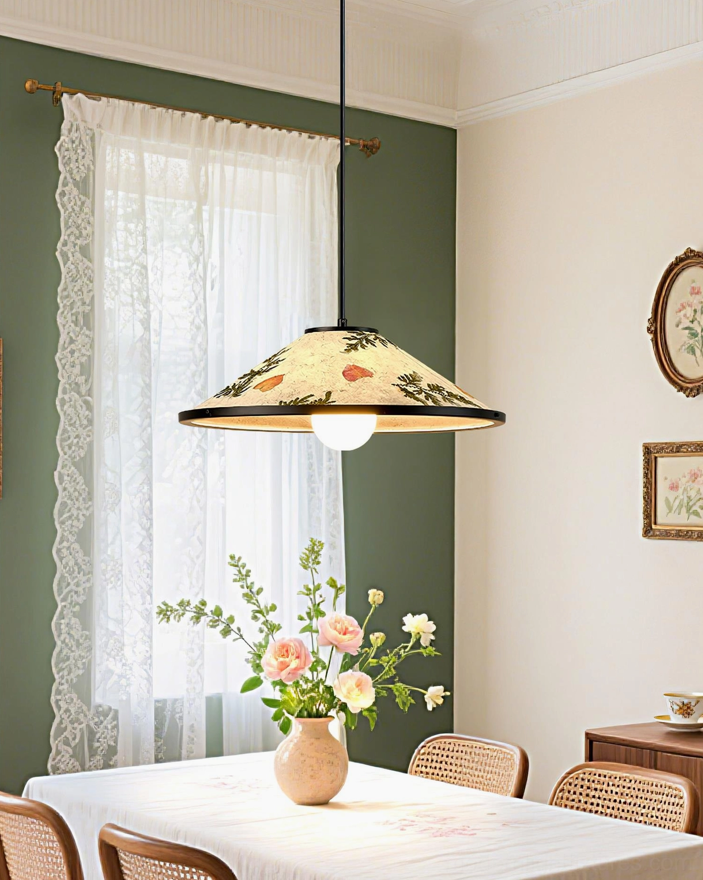 Handcrafted botanical pendant light above rustic wooden dining table with flowers and lace curtains in French farmhouse room