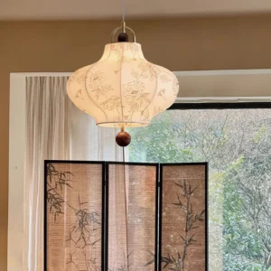 Botanical fabric pendant light with beige shade and walnut wood accent interior