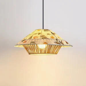 Illuminated botanical pendant lamp three-quarter view highlighting pressed floral rice paper design and warm light diffusion