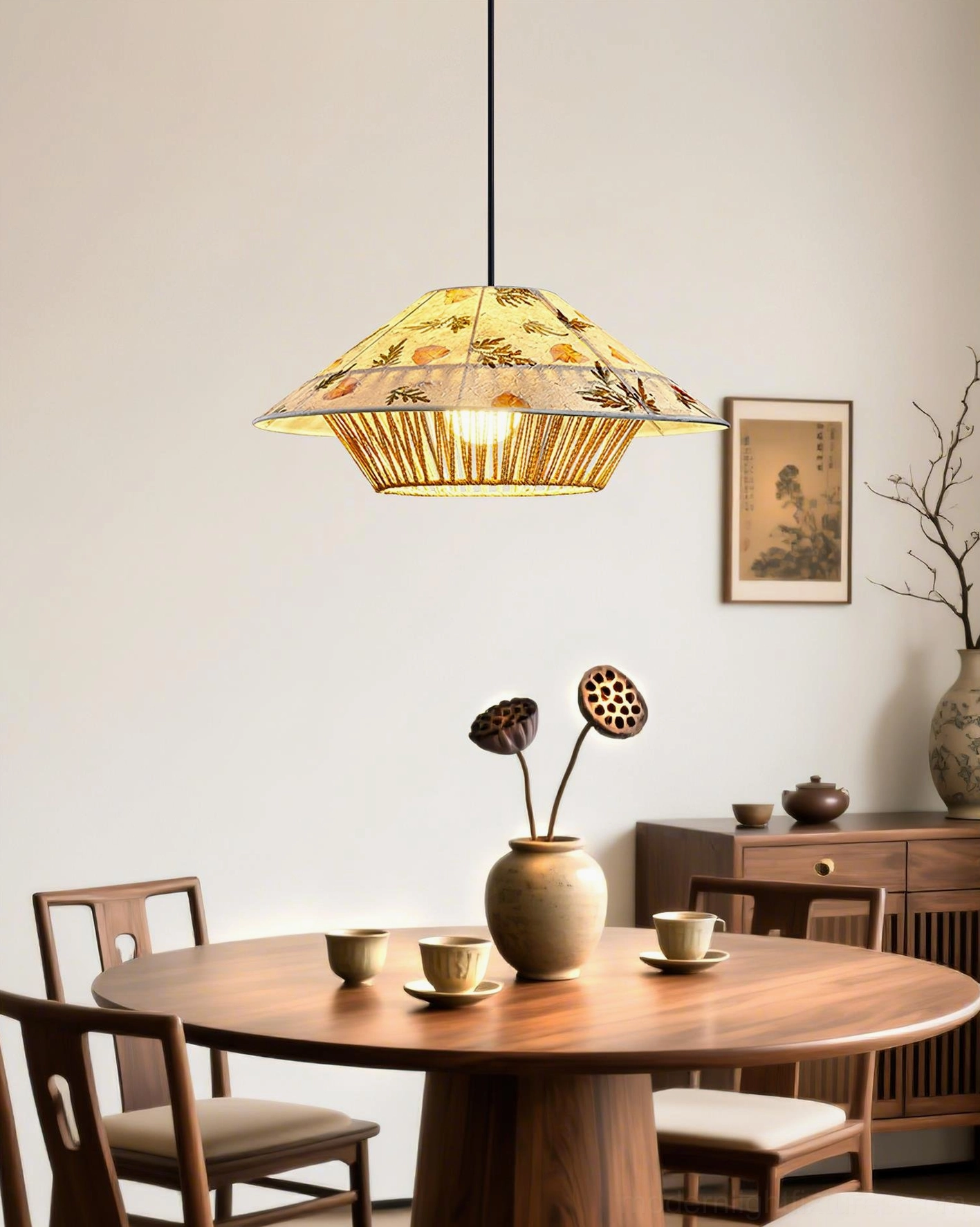 Close-up detail of botanical pressed rice paper shade texture and hemp rope frame construction