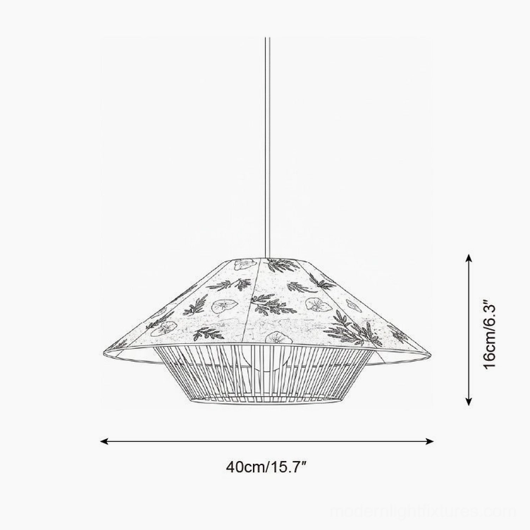 Technical specification drawing 40cm diameter 16cm height botanical rattan pendant lamp
