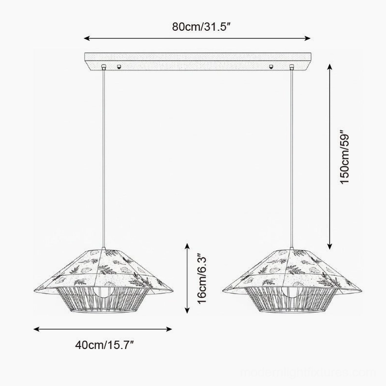 Technical specification drawing dual head 80cm width 150cm hanging height botanical pendant lamp system