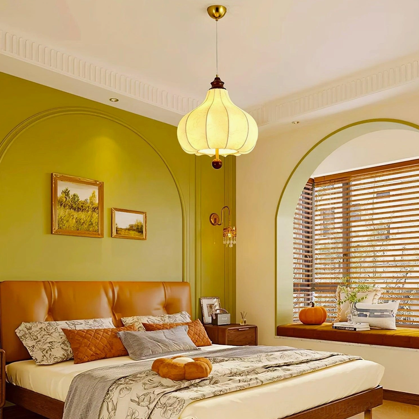 Botanical fabric pendant lamp in warm vintage bedroom with green accent wall, coordinated retro furnishings and off-white shade