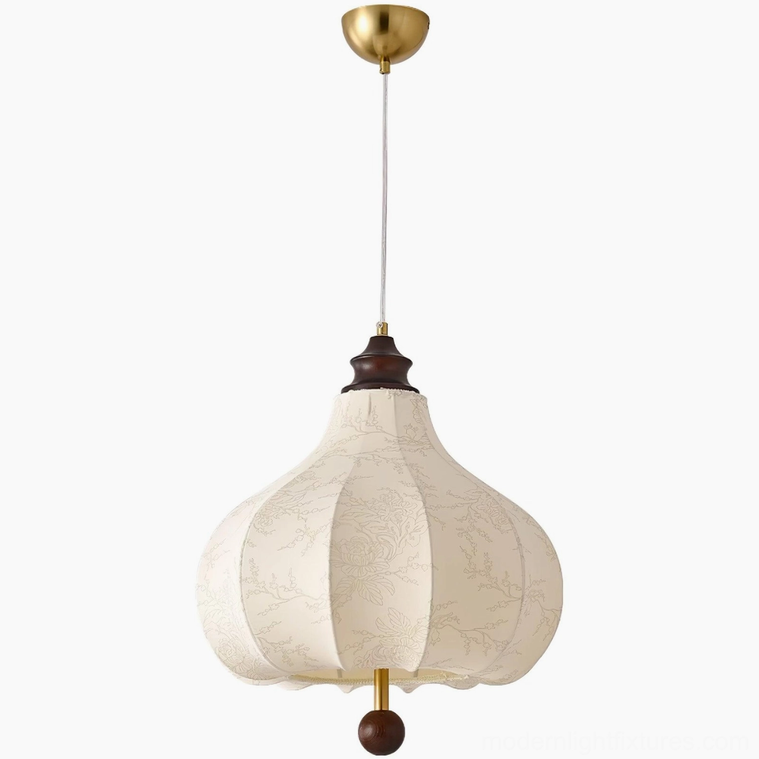 Botanical pendant light with white fabric shade paired with transitional furniture and neutral décor elements