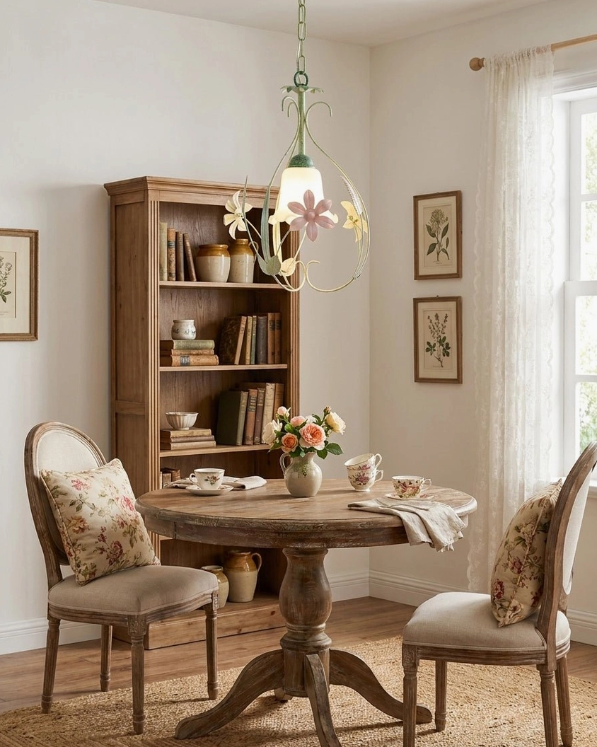 Curved metal frame botanical pendant light with painted flower details in casual dining area showcasing artisanal craftsmanship